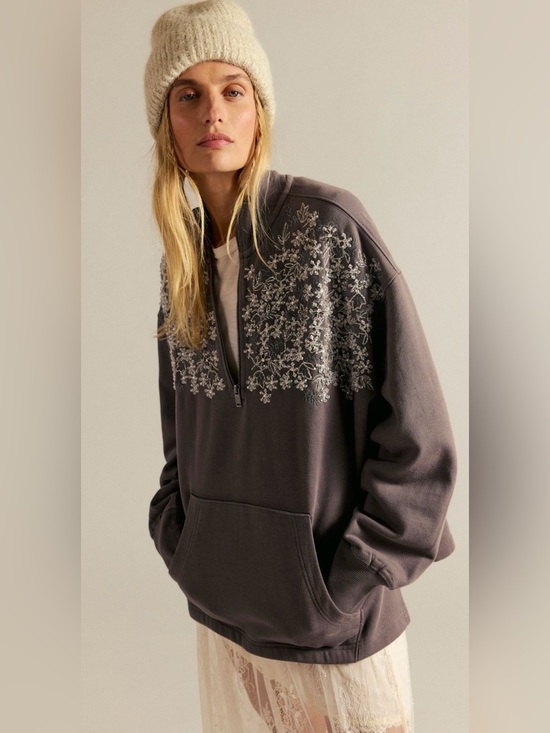 Free People Tops - NEW Free People XS Girls Night Out Sweatshirt Embroidered Charm NWOT 1/4 Zip